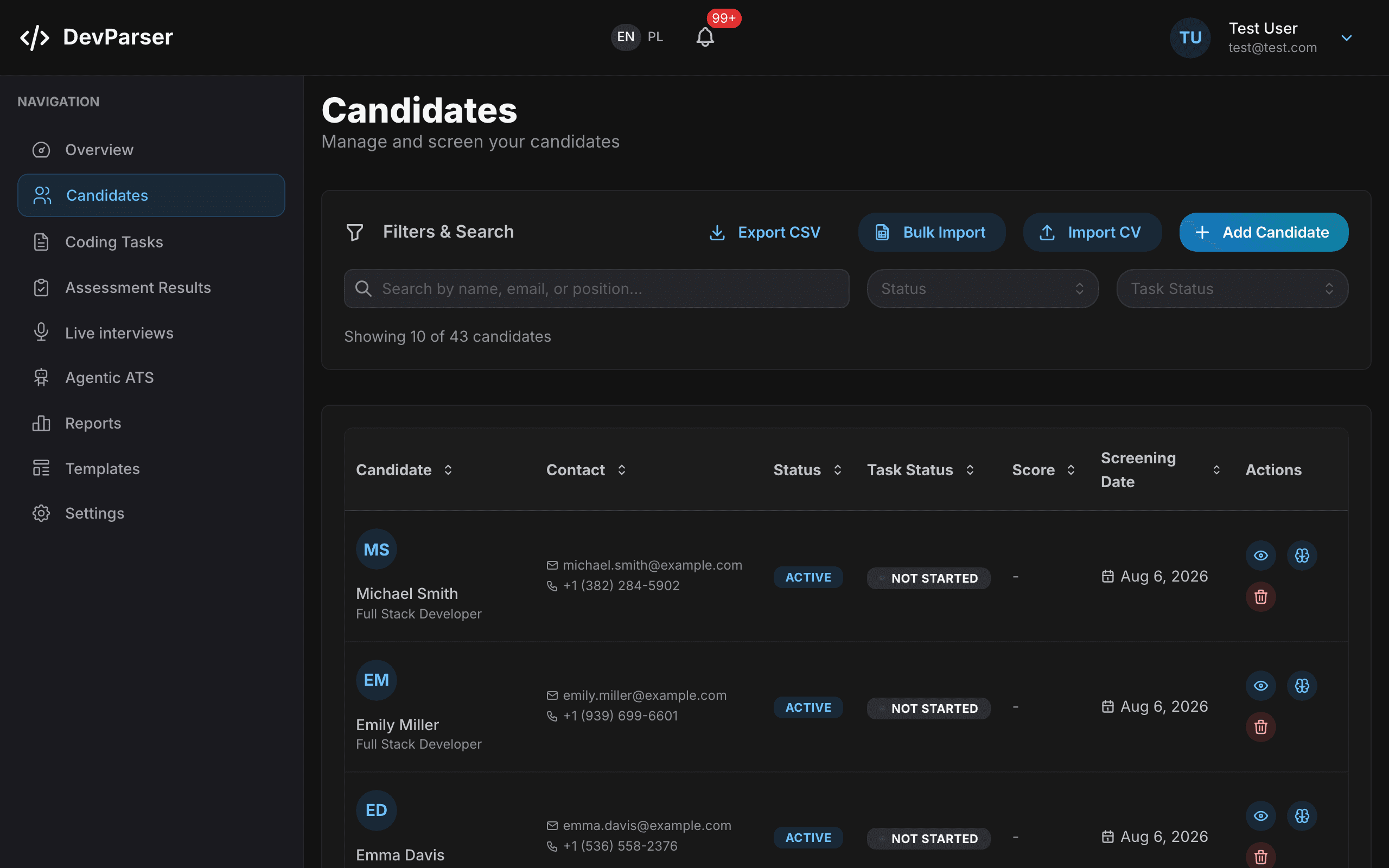 The candidates table with filters, search and per-row actions